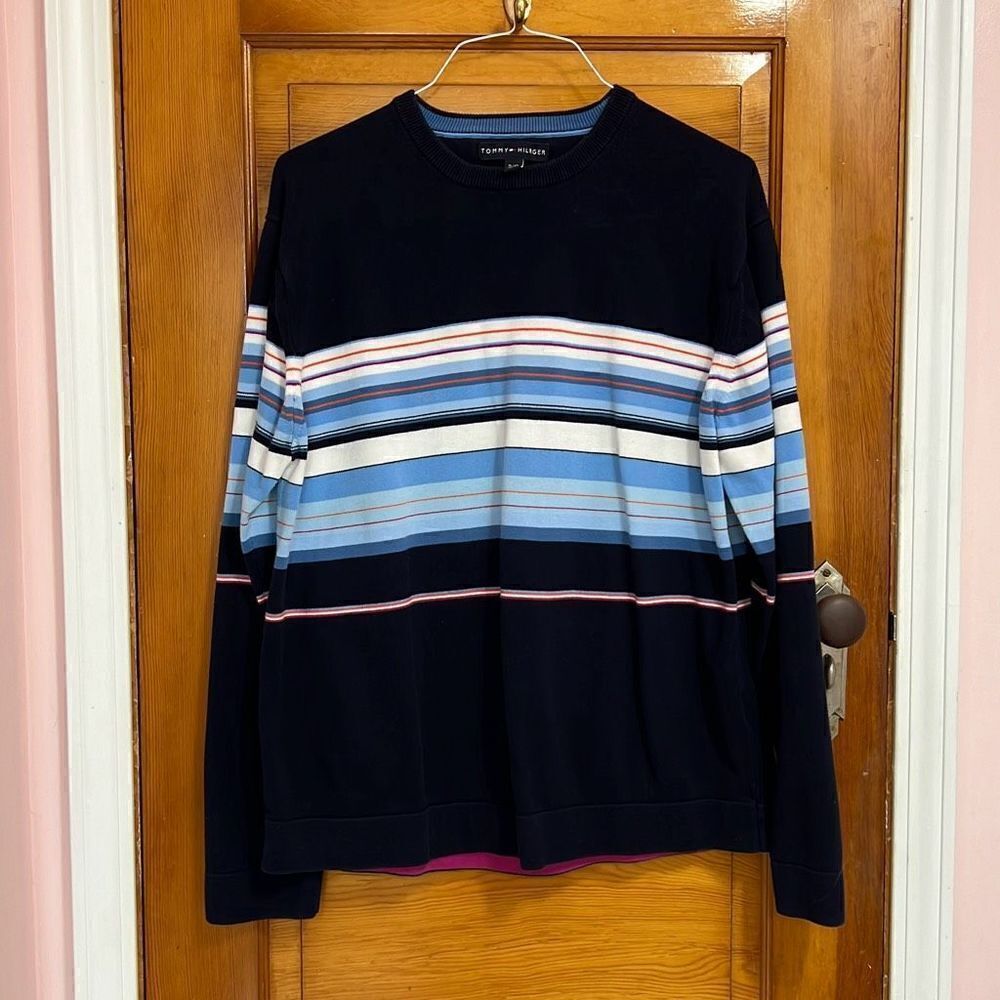 Tommy Hilfiger Navy Blue Cotton Striped Crewneck Sweater Men’s Extra Large